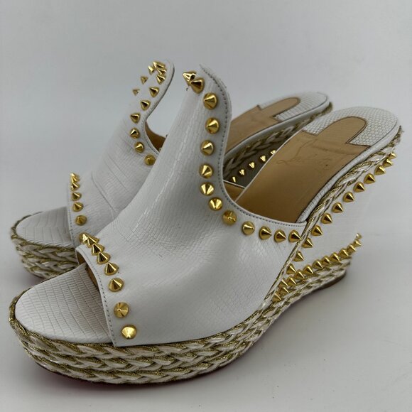 Louboutin White Leather Spike Wedge Mules = Size 40 - Picture 4 of 9